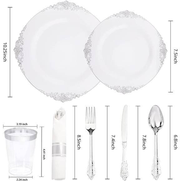 350PCS Silver Plastic Plates & Pre Rolled Napkins for 50Guests, 100Silver Plates - Picture 3 of 6